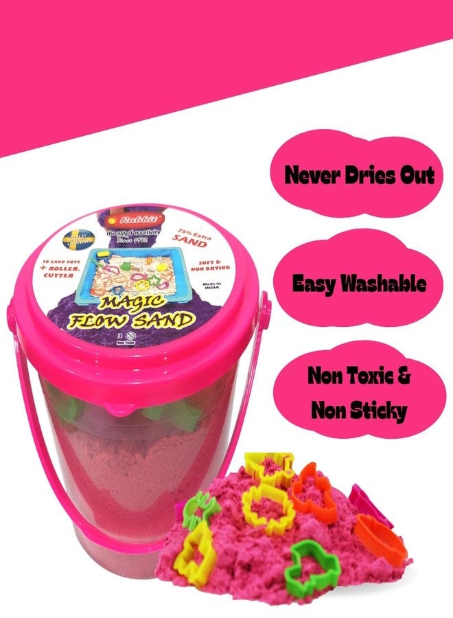 Rabbit Magic Flow 1KG Play Sand Bucket for Kids - Includes 20 Fun Moulds, Roller & Cutter | Soft, Mess-Free Sand for Creative Play & Sensory Fun | Age 5+ (Brown & Pink) - Image 3
